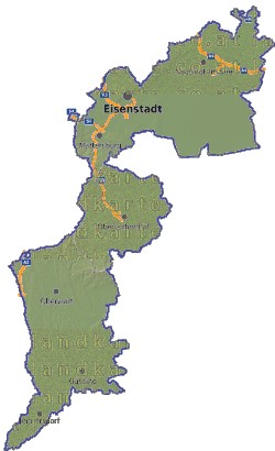 Landkarte, Straßenkarte und Gemeindekarte Burgenland Regionen vielen Orten Hhenrelief