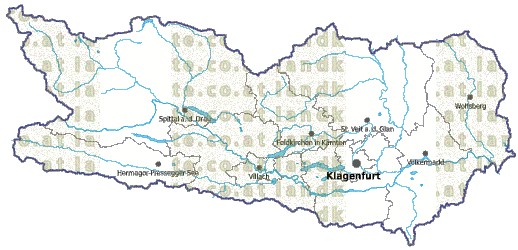 Landkarte und Gemeindekarte Kaernten Bezirksgrenzen vielen Orten Flssen und Seen