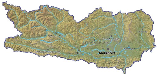 Landkarte und Gemeindekarte Kaernten Bezirksgrenzen vielen Orten Hhenrelief Flssen und Seen