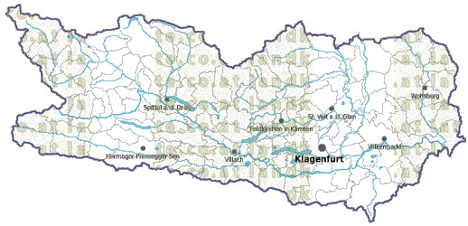 Landkarte und Gemeindekarte Kaernten Regionen und Gemeindegrenzen vielen Orten Flssen und Seen