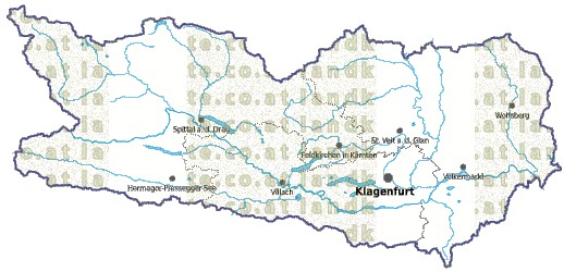 Landkarte und Gemeindekarte Kaernten Regionen vielen Orten Flssen und Seen