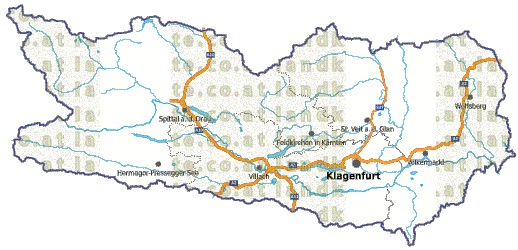 Landkarte, Straßenkarte und Gemeindekarte Kaernten Regionen vielen Orten Flssen und Seen