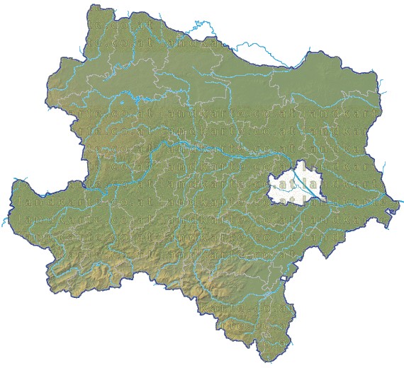 Landkarte Niederoesterreich Bezirksgrenzen Hhenrelief Flssen und Seen