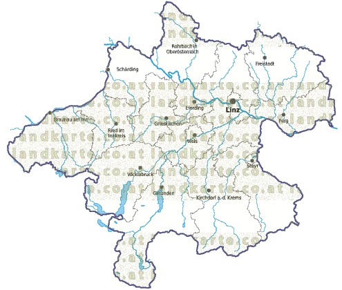 Landkarte und Gemeindekarte Oberoesterreich Bezirksgrenzen vielen Orten Flssen und Seen