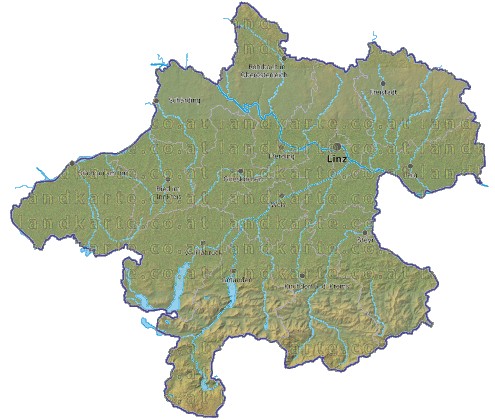 Landkarte und Gemeindekarte Oberoesterreich Bezirksgrenzen vielen Orten Hhenrelief Flssen und Seen
