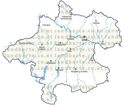 Landkarte und Gemeindekarte Oberoesterreich vielen Orten Flssen und Seen