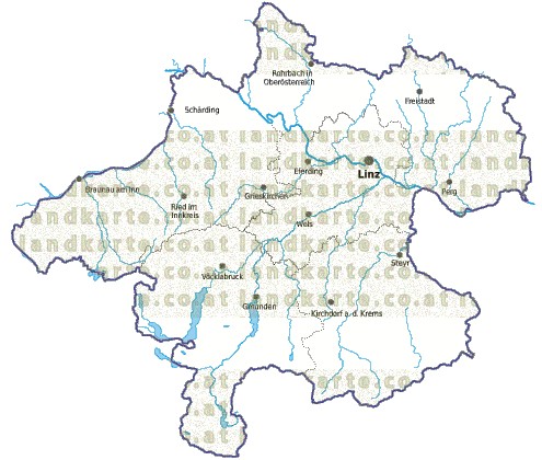 Landkarte und Gemeindekarte Oberoesterreich Regionen vielen Orten Flssen und Seen