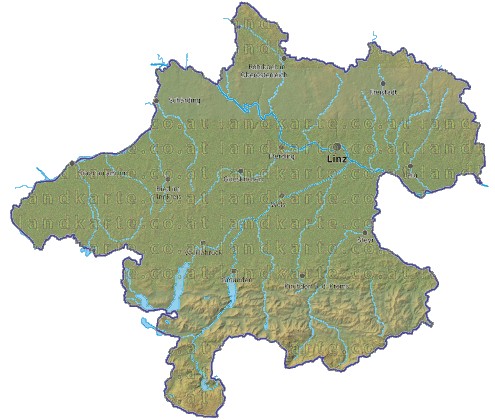 Landkarte und Gemeindekarte Oberoesterreich vielen Orten Hhenrelief Flssen und Seen