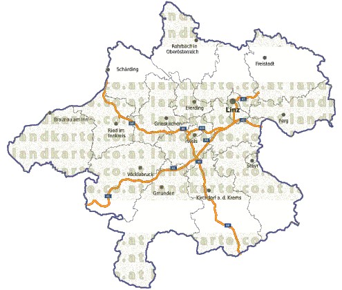 Landkarte, Straßenkarte und Gemeindekarte Oberoesterreich Bezirksgrenzen vielen Orten