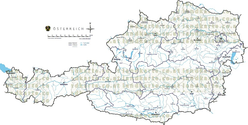 Landkarte und Gemeindekarte Oesterreich Bezirksgrenzen vielen Orten Flssen und Seen