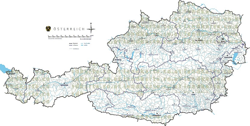 Landkarte und Gemeindekarte Oesterreich Gemeindegrenzen vielen Orten Flssen und Seen