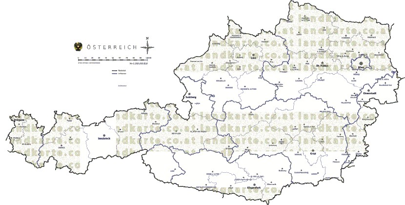 Landkarte und Gemeindekarte Oesterreich Regionen vielen Orten