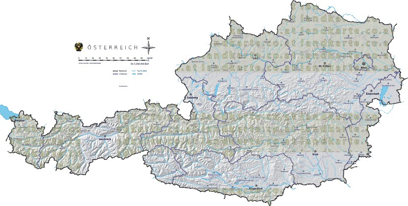 Landkarte und Gemeindekarte Oesterreich Regionen vielen Orten Hhenrelief Flssen und Seen