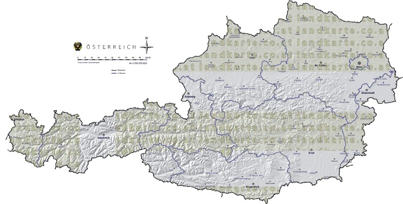 Landkarte und Gemeindekarte Oesterreich vielen Orten Hhenrelief