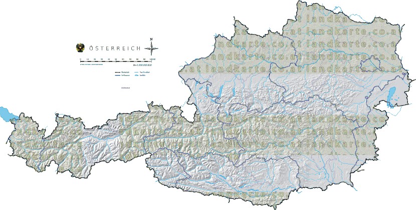 Landkarte Oesterreich Regionen Hhenrelief Flssen und Seen