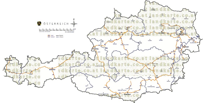 Landkarte, Straßenkarte und Gemeindekarte Oesterreich vielen Orten