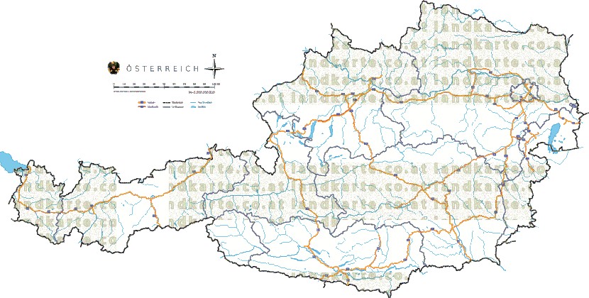 Landkarte und Straßenkarte Oesterreich Flssen und Seen