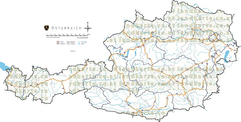 Landkarte und Straßenkarte Oesterreich Regionen Flssen und Seen