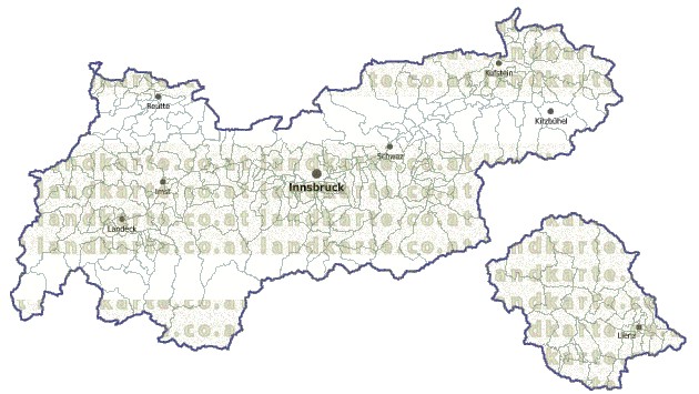 Landkarte und Gemeindekarte Tirol Bezirksgrenzen und Gemeindegrenzen vielen Orten