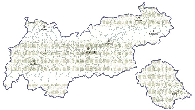 Landkarte und Gemeindekarte Tirol Regionen und Gemeindegrenzen vielen Orten