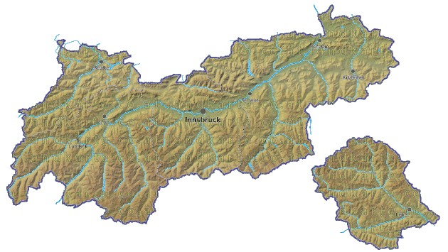 Landkarte und Gemeindekarte Tirol Regionen vielen Orten Hhenrelief Flssen und Seen
