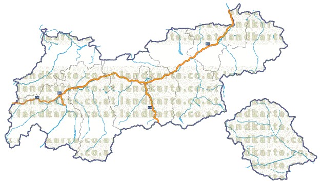 Landkarte und Straßenkarte Tirol Bezirksgrenzen Flssen und Seen