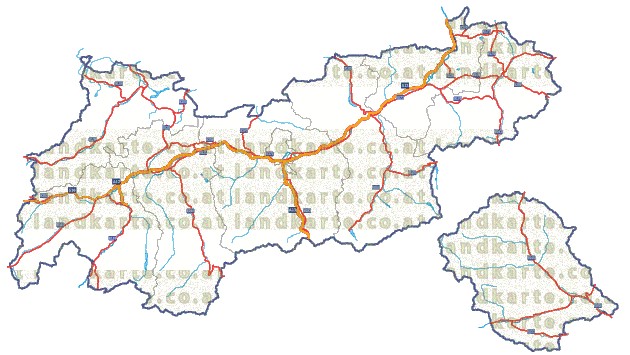 Landkarte und Straßenkarte Tirol Bezirksgrenzen Flssen und Seen
