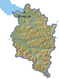 Landkarte und Gemeindekarte Vorarlberg vielen Orten Hhenrelief Flssen und Seen