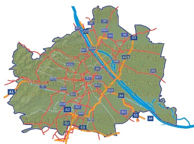Landkarte und Straßenkarte Wien Bezirksgrenzen Hhenrelief Flssen und Seen