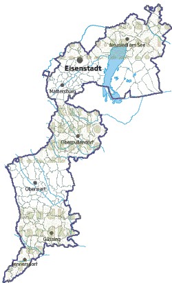 Landkarte und Gemeindekarte Burgenland Bezirksgrenzen und Gemeindegrenzen vielen Orten Flüssen und Seen