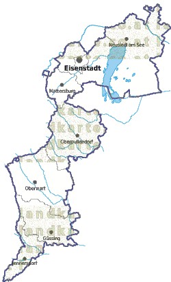 Landkarte und Gemeindekarte Burgenland Bezirksgrenzen vielen Orten Fl�ssen und Seen