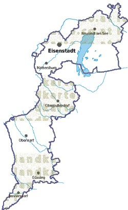 Landkarte und Gemeindekarte Burgenland vielen Orten Flüssen und Seen