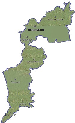 Landkarte und Gemeindekarte Burgenland vielen Orten Höhenrelief