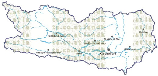 Landkarte und Gemeindekarte Kaernten vielen Orten Fl�ssen und Seen