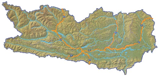 Landkarte und Straßenkarte Kaernten Bezirksgrenzen Hhenrelief Flssen und Seen