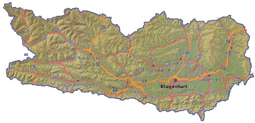 Landkarte, Straßenkarte und Gemeindekarte Kaernten Regionen vielen Orten Höhenrelief