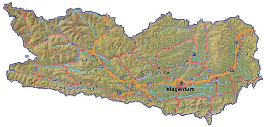 Landkarte, Straßenkarte und Gemeindekarte Kaernten vielen Orten H�henrelief Fl�ssen und Seen