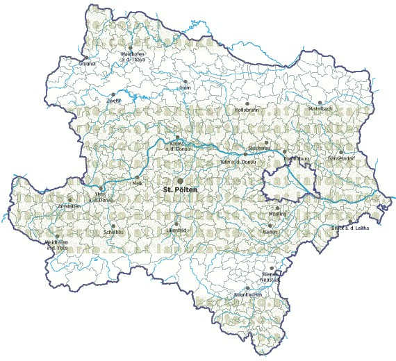 Landkarte und Gemeindekarte Niederoesterreich Bezirksgrenzen und Gemeindegrenzen vielen Orten Fl�ssen und Seen