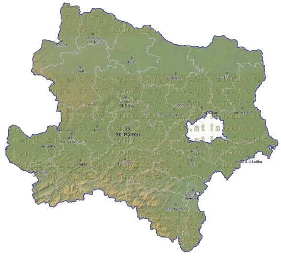 Landkarte und Gemeindekarte Niederoesterreich Bezirksgrenzen vielen Orten H�henrelief