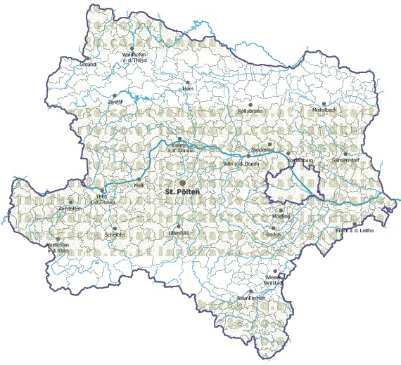 Landkarte und Gemeindekarte Niederoesterreich Gemeindegrenzen vielen Orten Flüssen und Seen