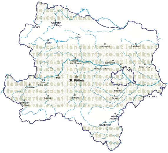 Landkarte und Gemeindekarte Niederoesterreich vielen Orten Flüssen und Seen
