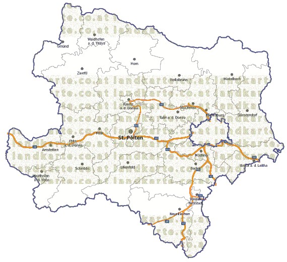 Landkarte, Straßenkarte und Gemeindekarte Niederoesterreich Bezirksgrenzen vielen Orten