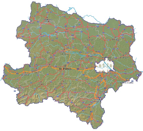 Landkarte, Straßenkarte und Gemeindekarte Niederoesterreich Bezirksgrenzen vielen Orten Höhenrelief Flüssen und Seen