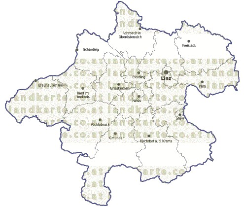 Landkarte und Gemeindekarte Oberoesterreich Bezirksgrenzen vielen Orten