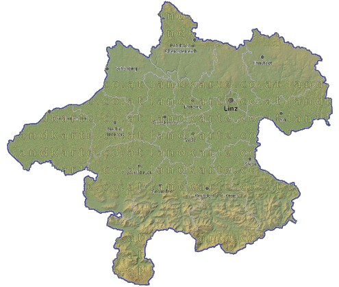 Landkarte und Gemeindekarte Oberoesterreich Bezirksgrenzen vielen Orten H�henrelief