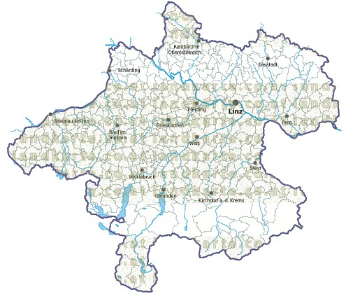 Landkarte und Gemeindekarte Oberoesterreich Regionen und Gemeindegrenzen vielen Orten Flüssen und Seen