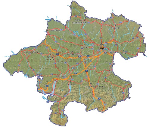 Landkarte, Straßenkarte und Gemeindekarte Oberoesterreich Bezirksgrenzen vielen Orten Hhenrelief Flssen und Seen