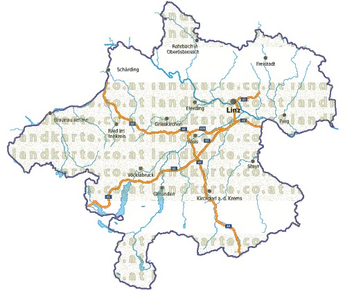 Landkarte, Straßenkarte und Gemeindekarte Oberoesterreich vielen Orten Fl�ssen und Seen