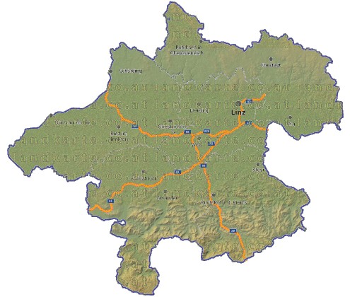 Landkarte, Straßenkarte und Gemeindekarte Oberoesterreich Regionen vielen Orten H�henrelief