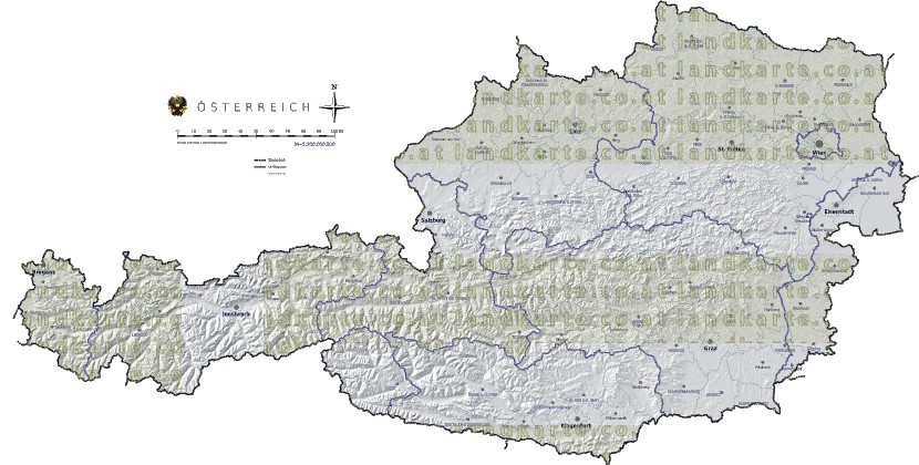 Landkarte und Gemeindekarte Oesterreich Bezirksgrenzen vielen Orten H�henrelief